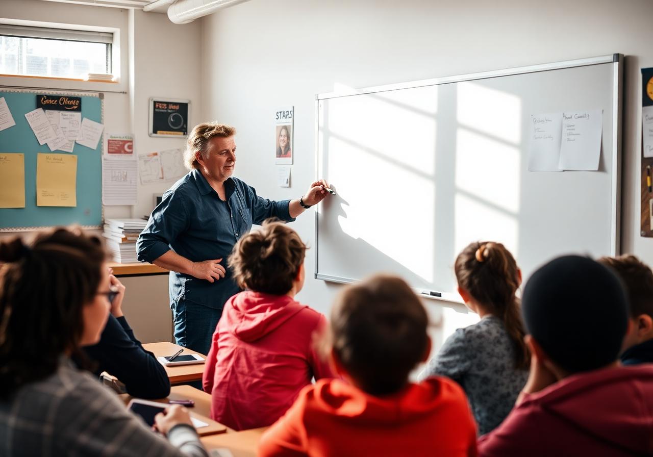 Educator teaching at the whiteboard to engaged students