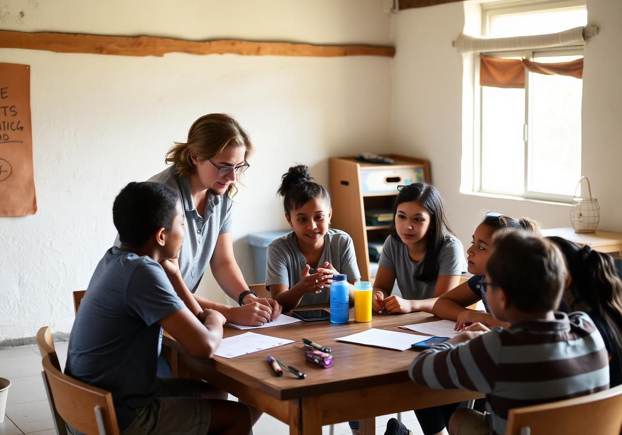 Educator guiding a small group of students around a table